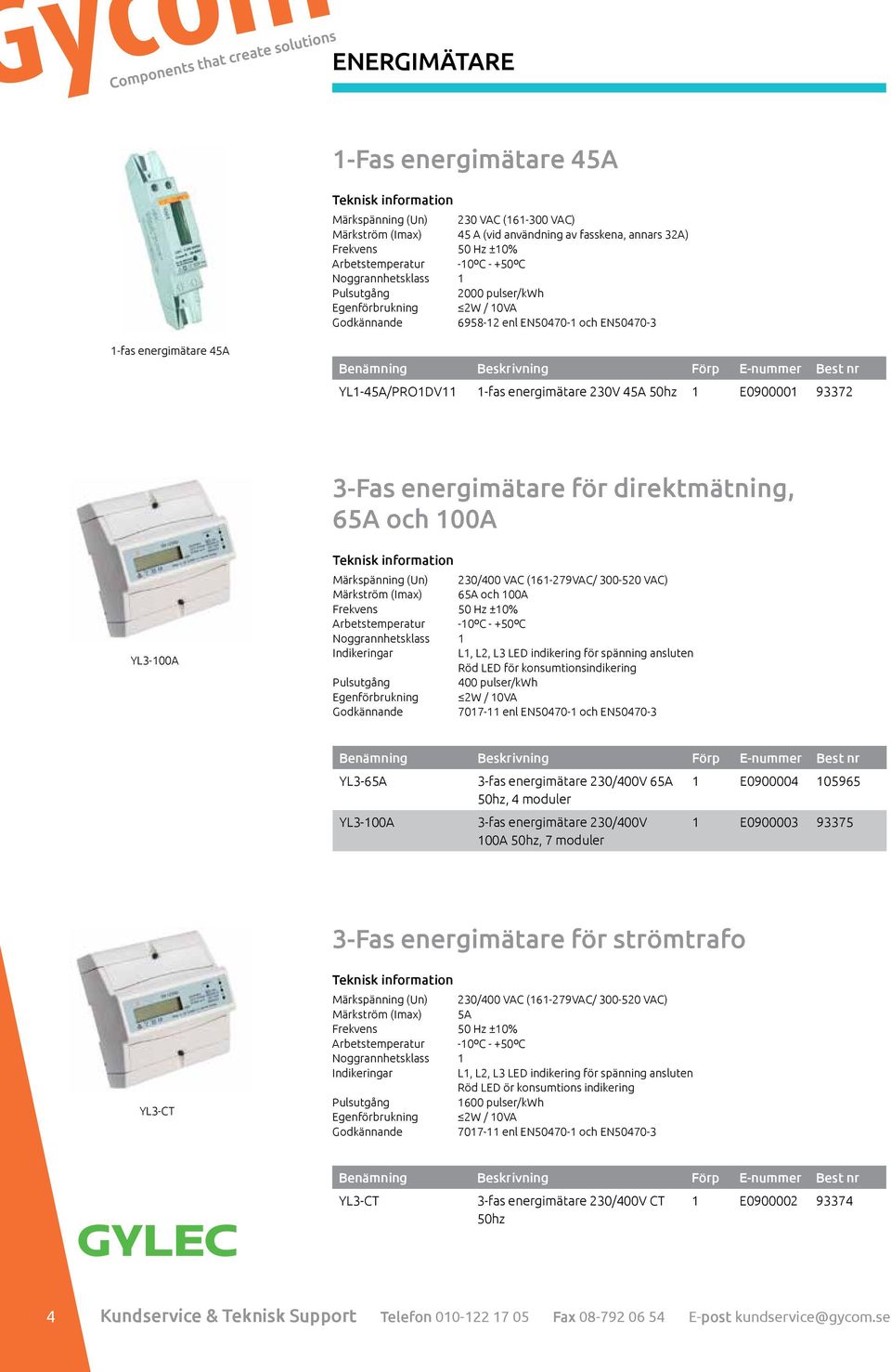 nr YL1-45A/PRO1DV11 1-fas energimätare 230V 45A 50hz 1 E0900001 93372 3-Fas energimätare för direktmätning, 65A och 100A YL3-100A Teknisk information Märkspänning (Un) 230/400 VAC (161-279VAC/
