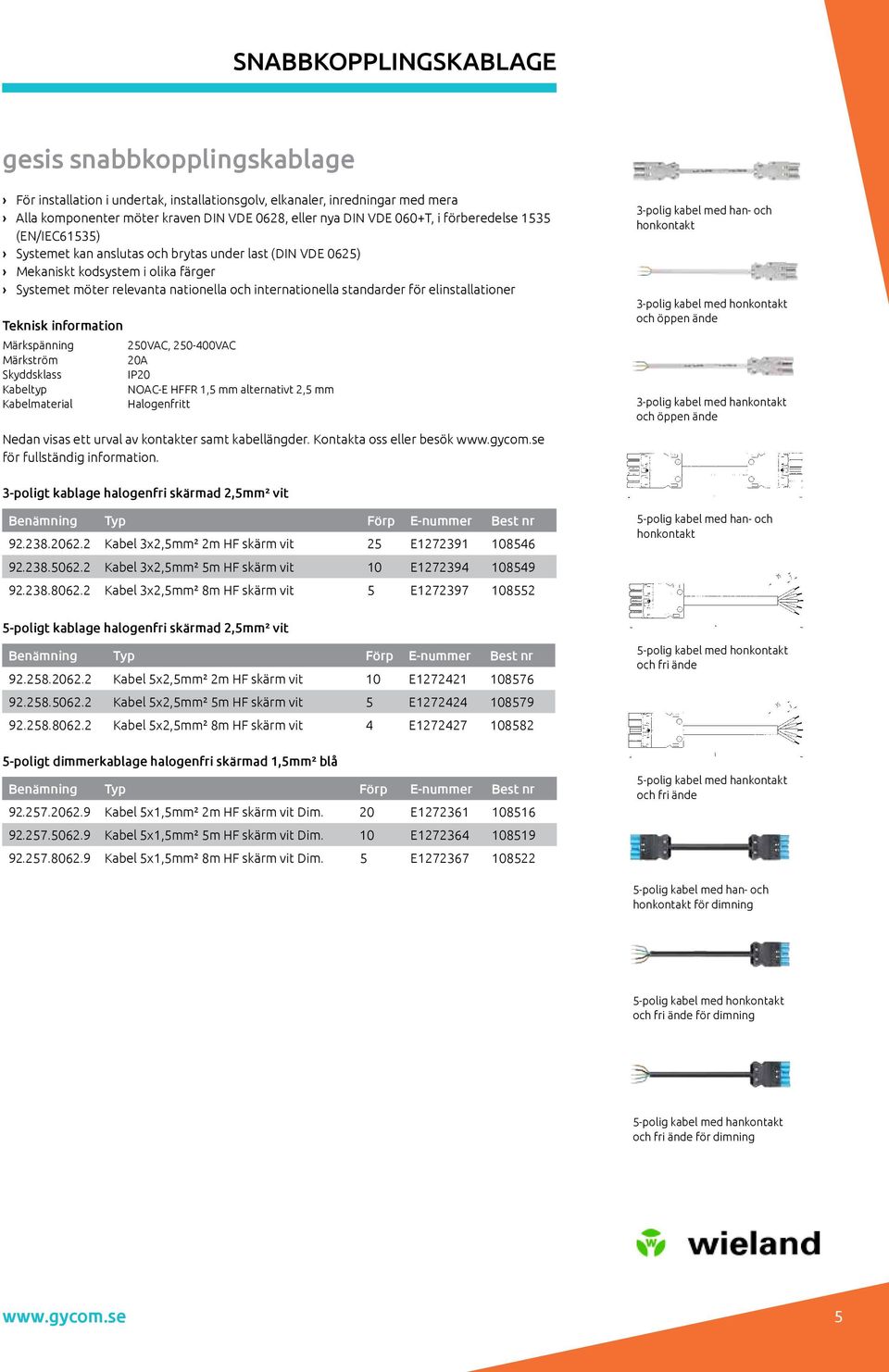 elinstallationer Teknisk information Märkspänning 250VAC, 250-400VAC Märkström 20A Skyddsklass IP20 Kabeltyp NOAC-E HFFR 1,5 mm alternativt 2,5 mm Kabelmaterial Halogenfritt Nedan visas ett urval av