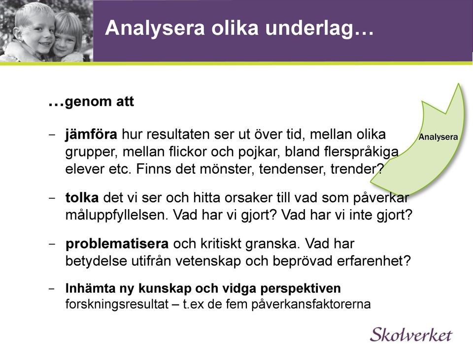 - tolka det vi ser och hitta orsaker till vad som påverkar måluppfyllelsen. Vad har vi gjort? Vad har vi inte gjort?