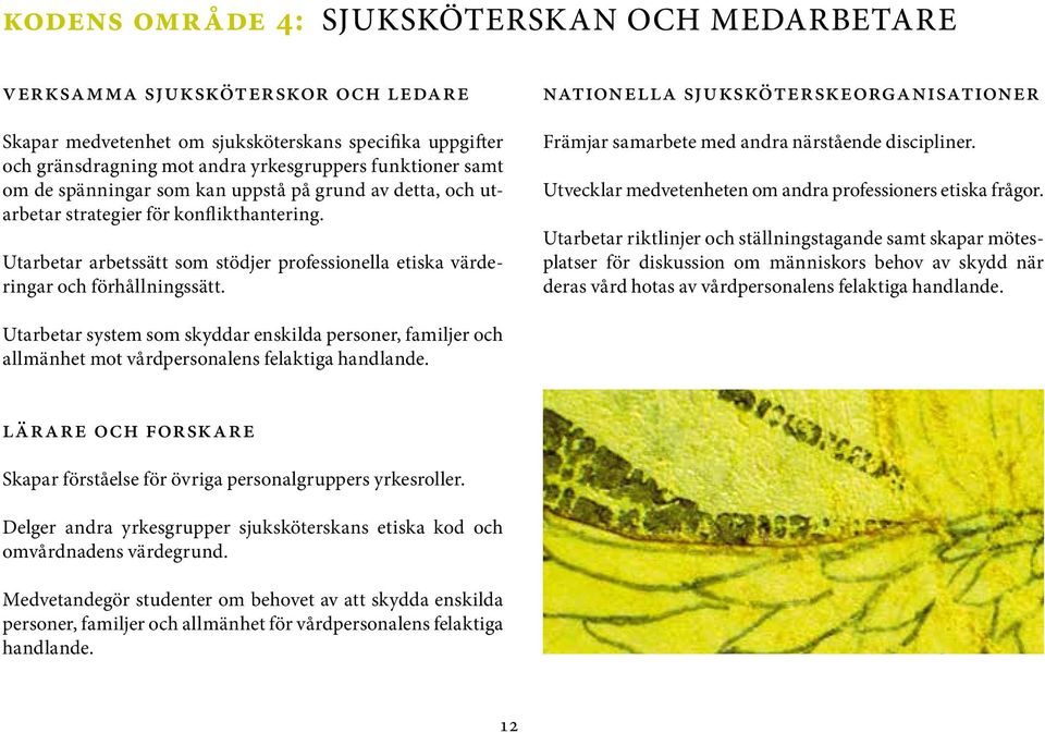 Nationella sjuksköterskeorganisationer Främjar samarbete med andra närstående discipliner. Utvecklar medvetenheten om andra professioners etiska frågor.