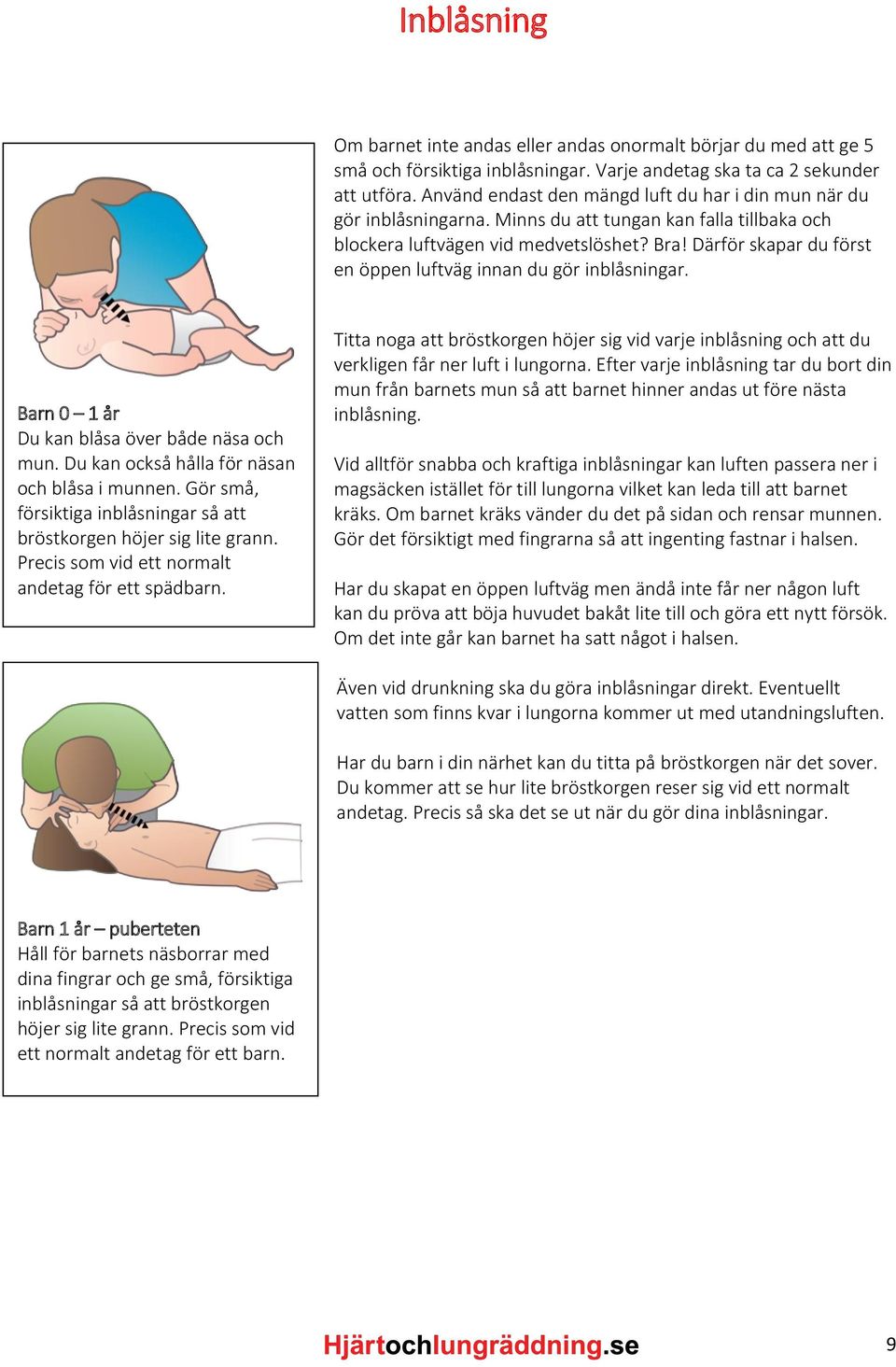 Därför skapar du först en öppen luftväg innan du gör inblåsningar. Barn 0 1 år Du kan blåsa över både näsa och mun. Du kan också hålla för näsan och blåsa i munnen.