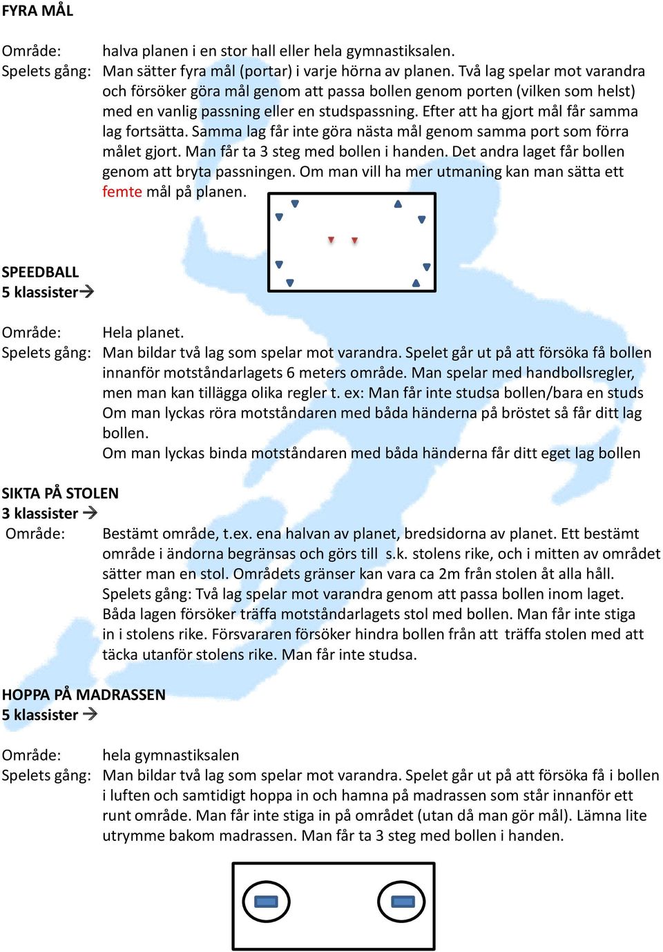 Samma lag får inte göra nästa mål genom samma port som förra målet gjort. Man får ta 3 steg med bollen i handen. Det andra laget får bollen genom att bryta passningen.
