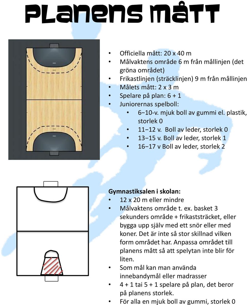 Boll av leder, storlek 1 16 17 v Boll av leder, storlek 2 Gymnastiksalen i skolan: 12 x 20 m eller mindre Målvaktens område t. ex.