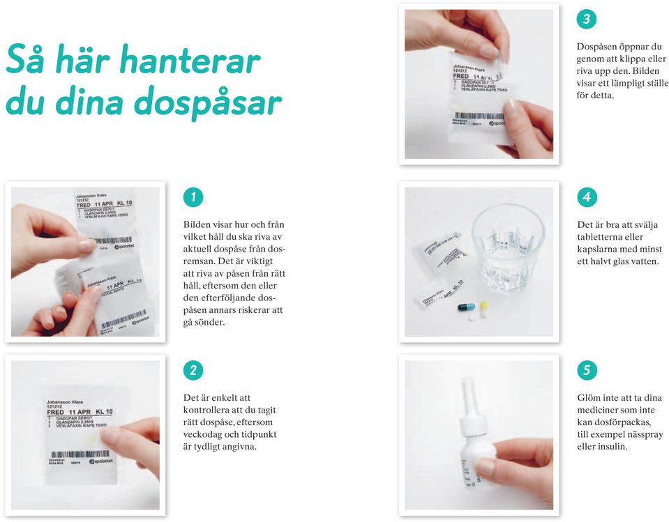 Det är viktigt att riva av påsen från rätt håll, eftersom den eller den efterföljande dospåsen annars riskerar att gå sönder.