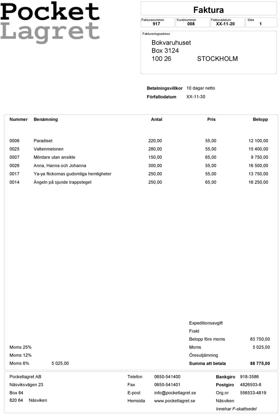 16 500,00 0017 Ya-ya flickornas gudomliga hemligheter 250,00 55,00 13 750,00 0014 Ängeln på sjunde trappsteget 250,00 65,00 16 250,00 Moms 25% Moms 12% Moms 6% 5 025,00 Expeditionsavgift Frakt Belopp