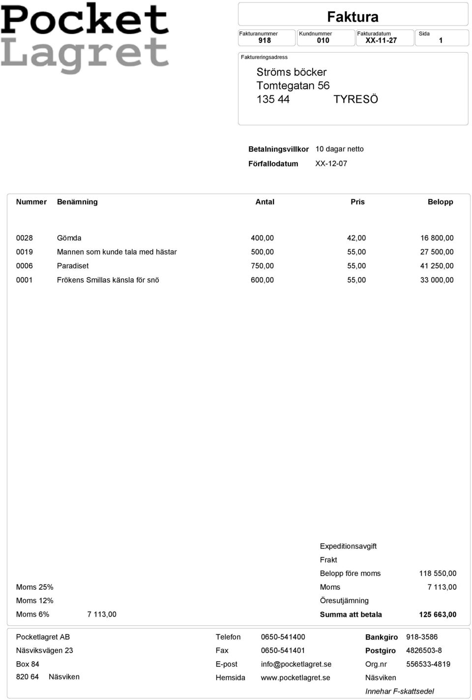 känsla för snö 600,00 55,00 33 000,00 Moms 25% Moms 12% Moms 6% 7 113,00 Expeditionsavgift Frakt Belopp före moms Moms Öresutjämning Summa att betala 118 550,00 7 113,00 125 663,00