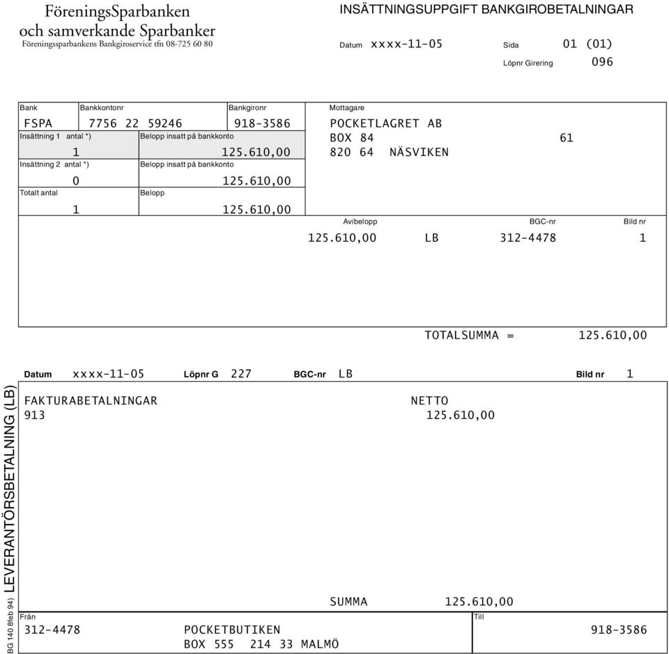 610,00 820 64 NÄSVIKEN Insättning 1 antal *) Belopp insatt på bankkonto Insättning 2 antal *) Belopp insatt på bankkonto 0 125.610,00 Totalt antal Belopp 1 125.