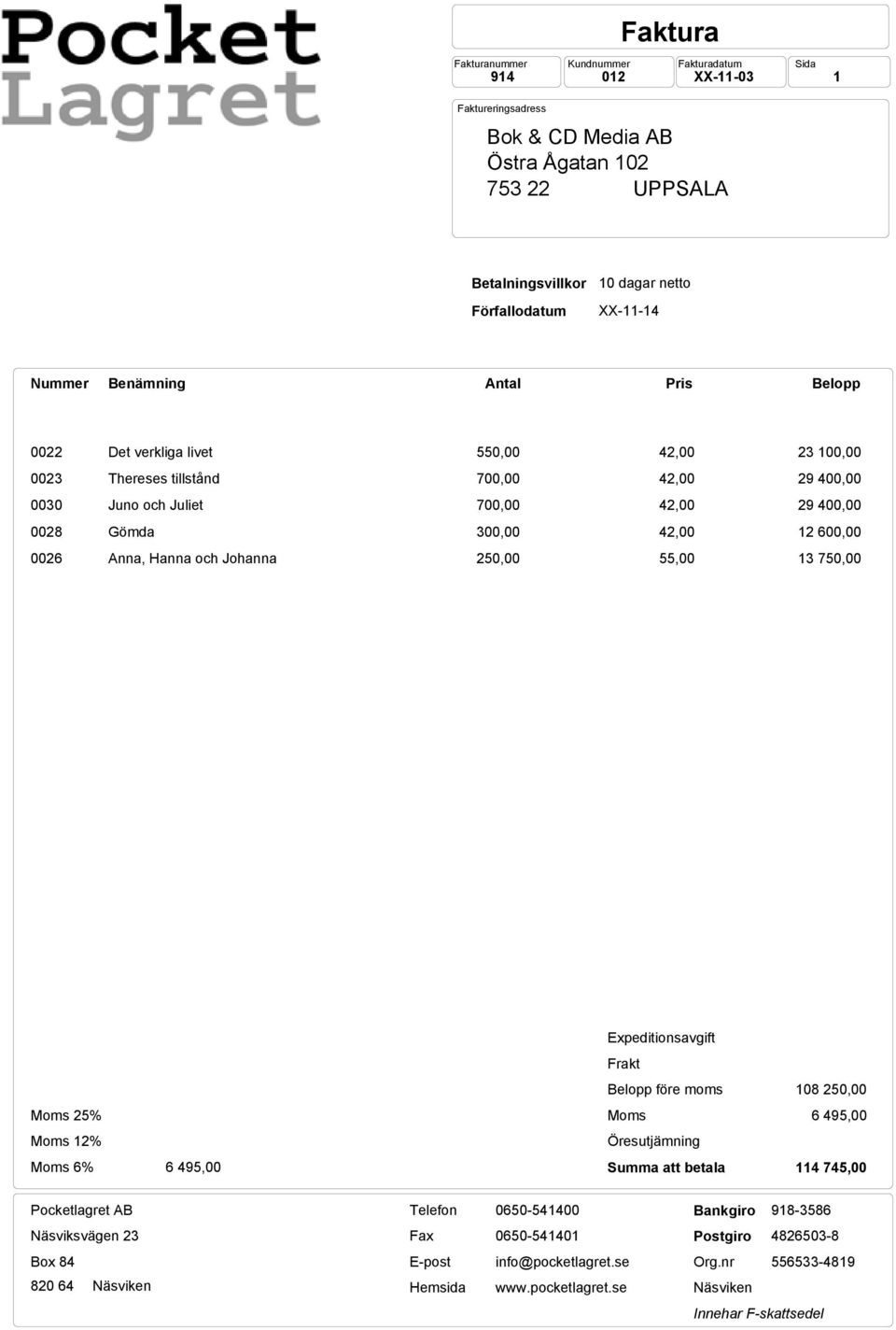 600,00 0026 Anna, Hanna och Johanna 250,00 55,00 13 750,00 Moms 25% Moms 12% Moms 6% 6 495,00 Expeditionsavgift Frakt Belopp före moms Moms Öresutjämning Summa att betala 108 250,00 6 495,00 114