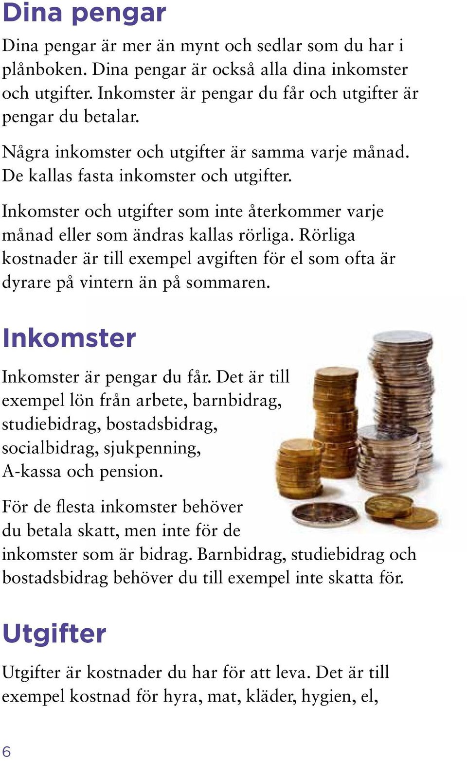 Rörliga kostnader är till exempel avgiften för el som ofta är dyrare på vintern än på sommaren. Inkomster Inkomster är pengar du får.