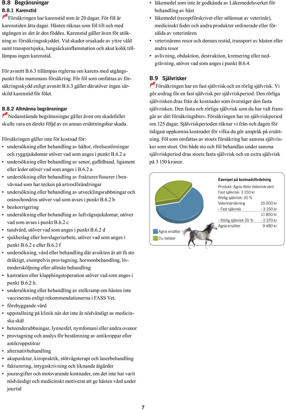 3 tillämpas reglerna om karens med utgångspunkt från mammans försäkring. För föl som omfattas av försäkringsskydd enligt avsnitt B.6.3 gäller därutöver ingen särskild karenstid för fölet. B.8.