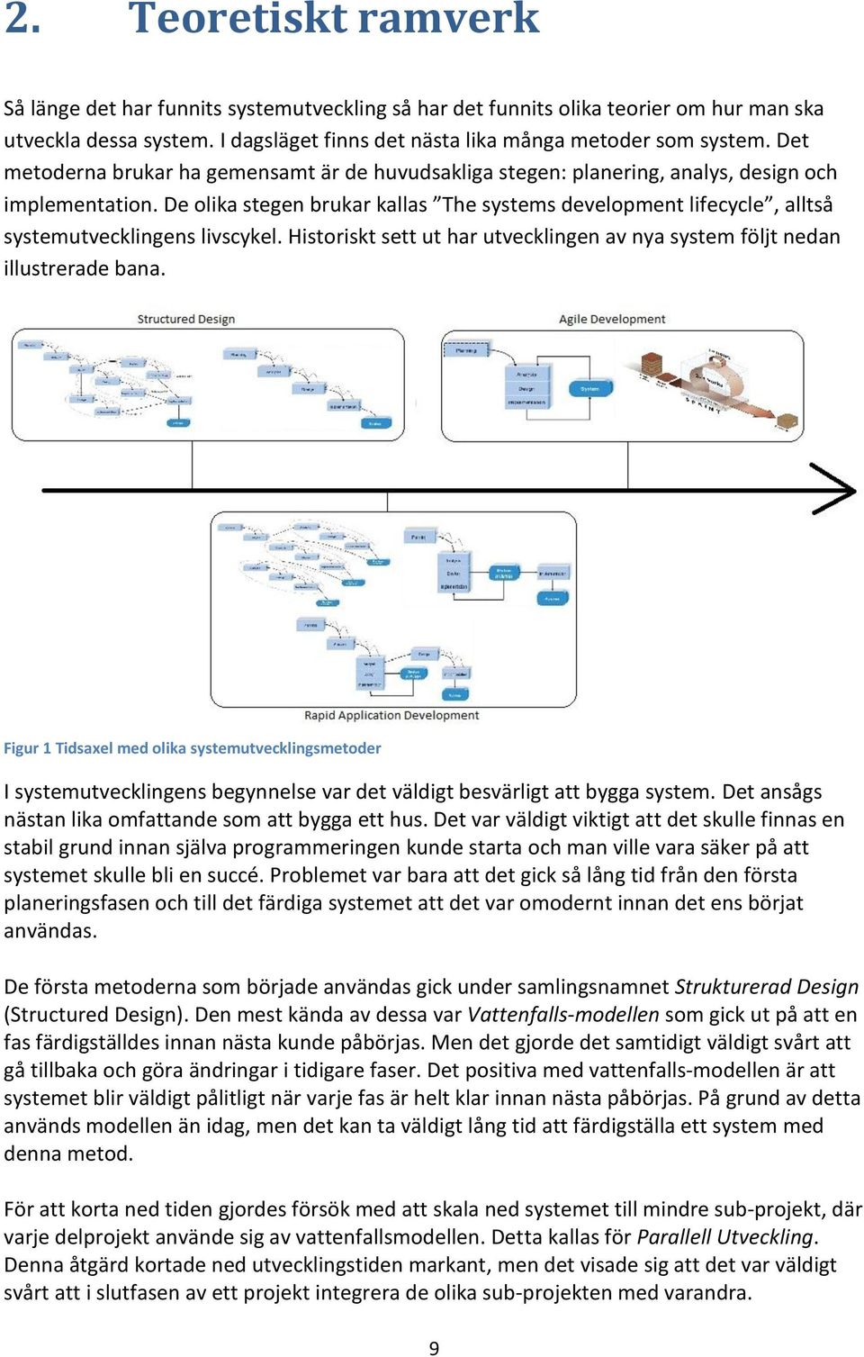 De olika stegen brukar kallas The systems development lifecycle, alltså systemutvecklingens livscykel. Historiskt sett ut har utvecklingen av nya system följt nedan illustrerade bana.