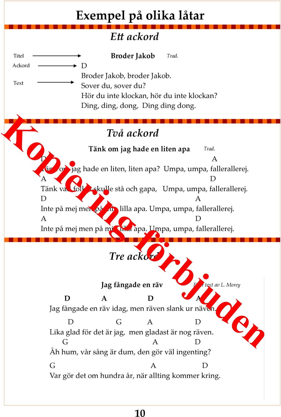 D A Inte på mej men på min lilla apa. Umpa, umpa, fallerallerej. A D Inte på mej men på min lilla apa. Umpa, umpa, fallerallerej. Tre ackord Jag fångade en räv Efter text av L.