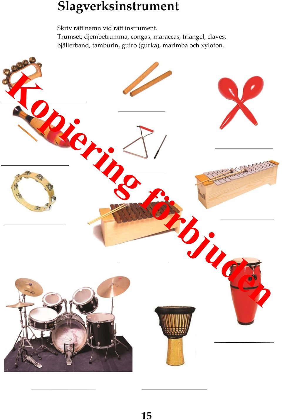 Trumset, djembetrumma, congas, maraccas,