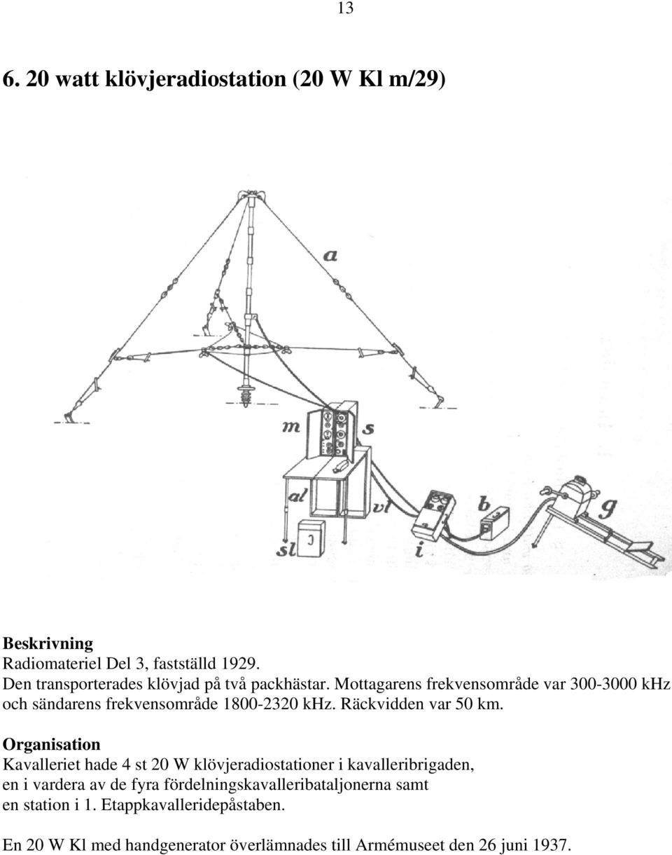 Mottagarens frekvensområde var 300-3000 khz och sändarens frekvensområde 1800-2320 khz. Räckvidden var 50 km.