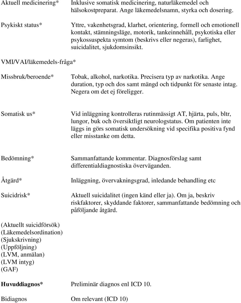 suicidalitet, sjukdomsinsikt. VMI/VAI/läkemedels-fråga* Missbruk/beroende* Tobak, alkohol, narkotika. Precisera typ av narkotika. Ange duration, typ och dos samt mängd och tidpunkt för senaste intag.