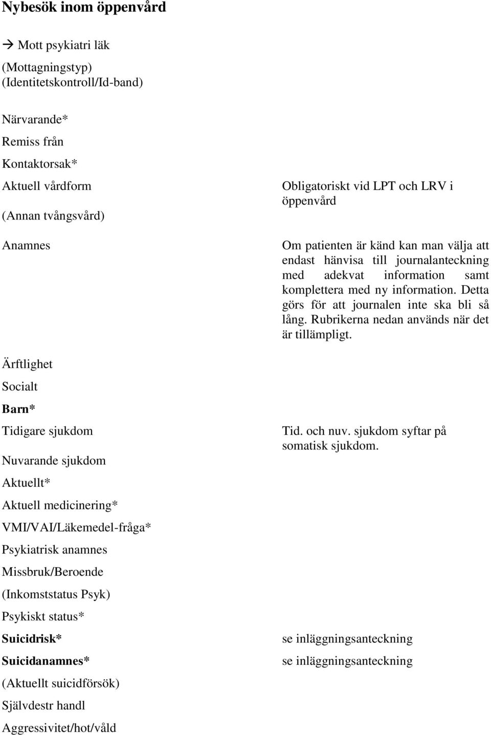 (Aktuellt suicidförsök) Självdestr handl Aggressivitet/hot/våld Obligatoriskt vid LPT och LRV i öppenvård Om patienten är känd kan man välja att endast hänvisa till journalanteckning med adekvat