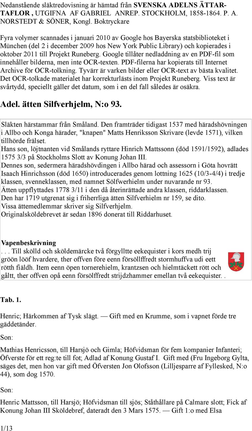 Runeberg. Google tillåter nedladdning av en PDF-fil som innehåller bilderna, men inte OCR-texten. PDF-filerna har kopierats till Internet Archive för OCR-tolkning.