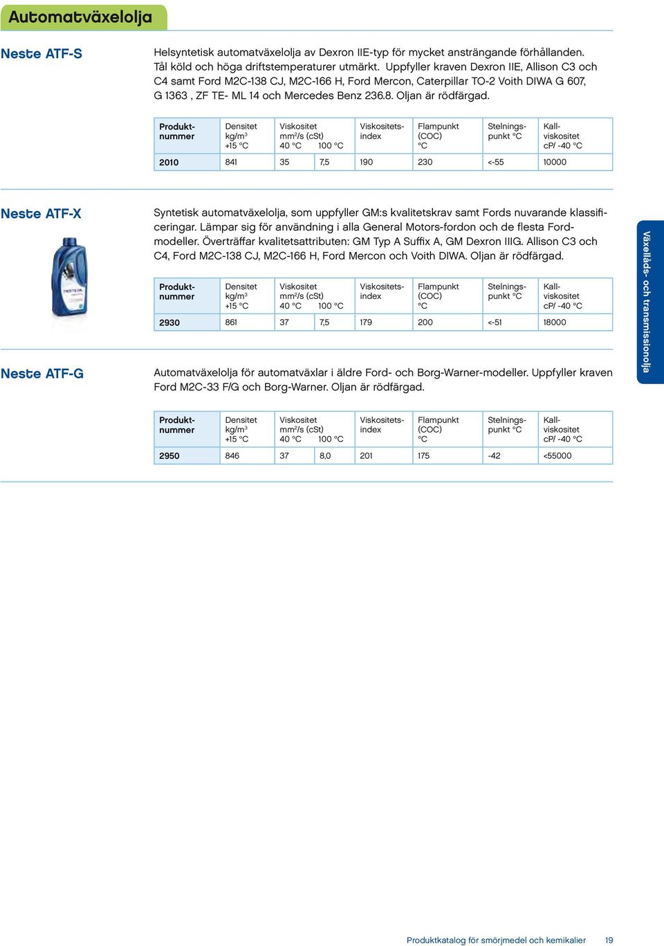 +15 40 100 sindex Kallviskositet cp/ -40 2010 841 35 7,5 190 230 <-55 10000 Neste ATF-X Neste ATF-G Syntetisk automatväxelolja, som uppfyller GM:s kvalitetskrav samt Fords nuvarande klassificeringar.