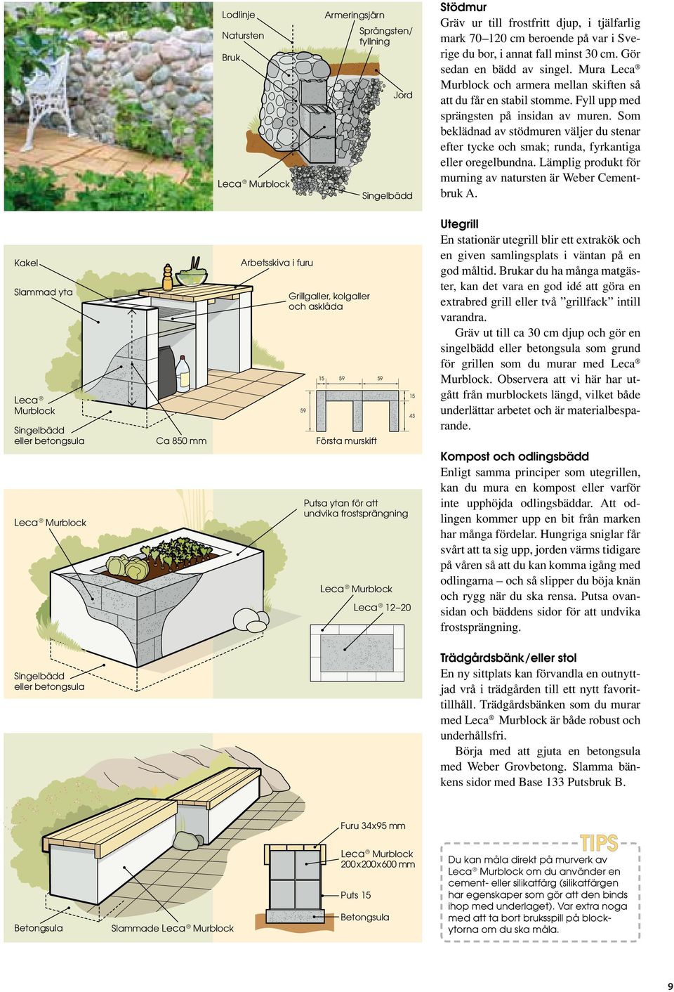 Som beklädnad av stödmuren väljer du stenar efter tycke och smak; runda, fyrkantiga eller oregelbundna. Lämplig produkt för murning av natursten är Weber Cementbruk A.