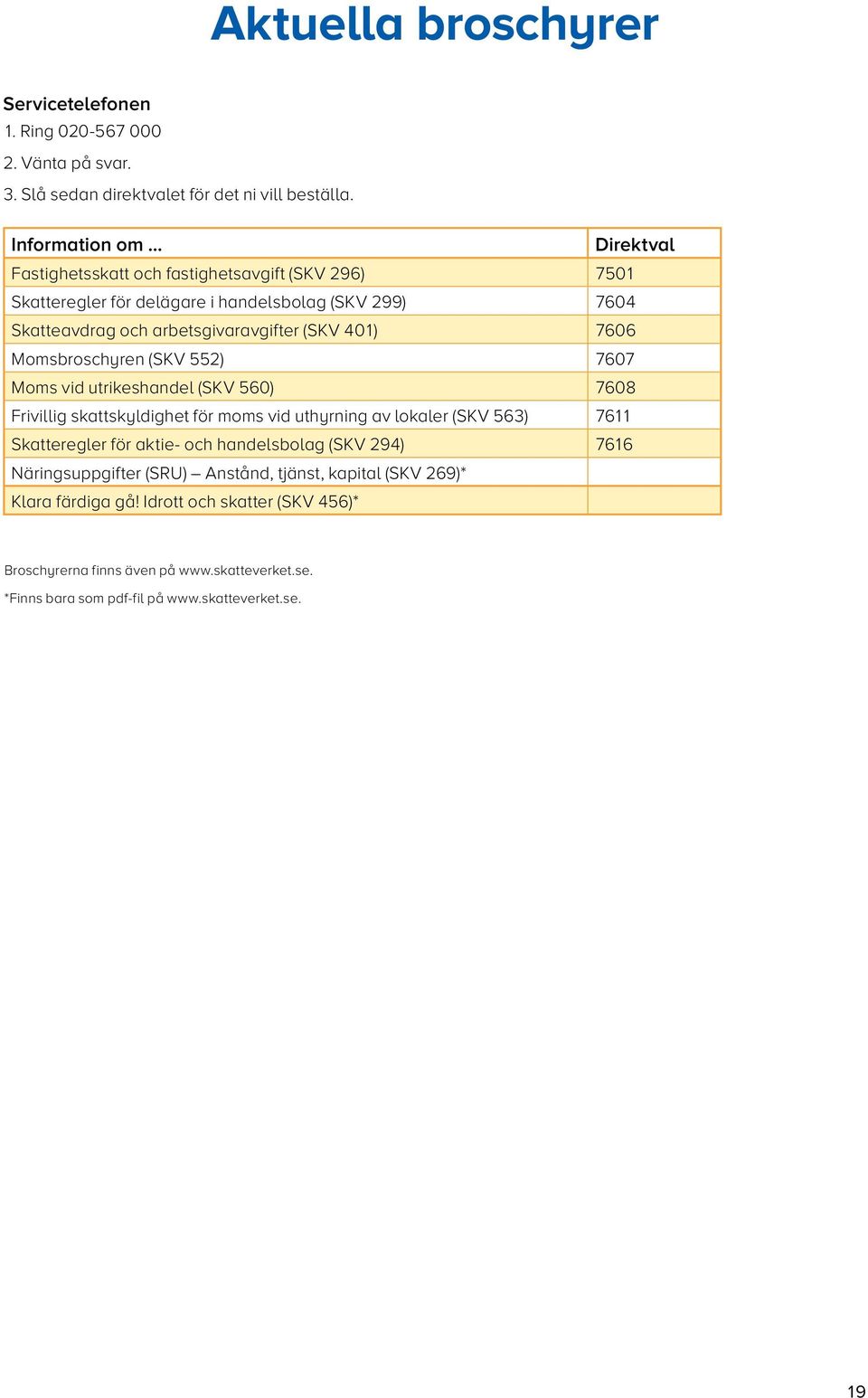 Momsbroschyren (SKV 552) 7607 Moms vid utrikeshandel (SKV 560) 7608 Frivillig skattskyldighet för moms vid uthyrning av lokaler (SKV 563) 7611 Skatteregler för aktie och