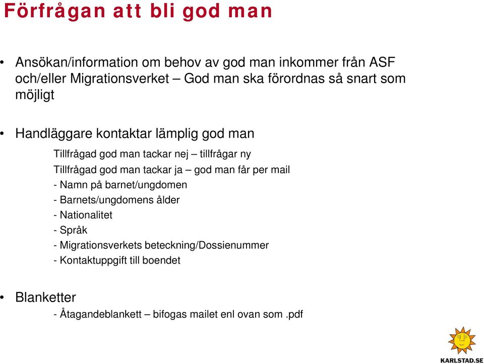 god man tackar ja god man får per mail - Namn på barnet/ungdomen - Barnets/ungdomens ålder - Nationalitet - Språk -