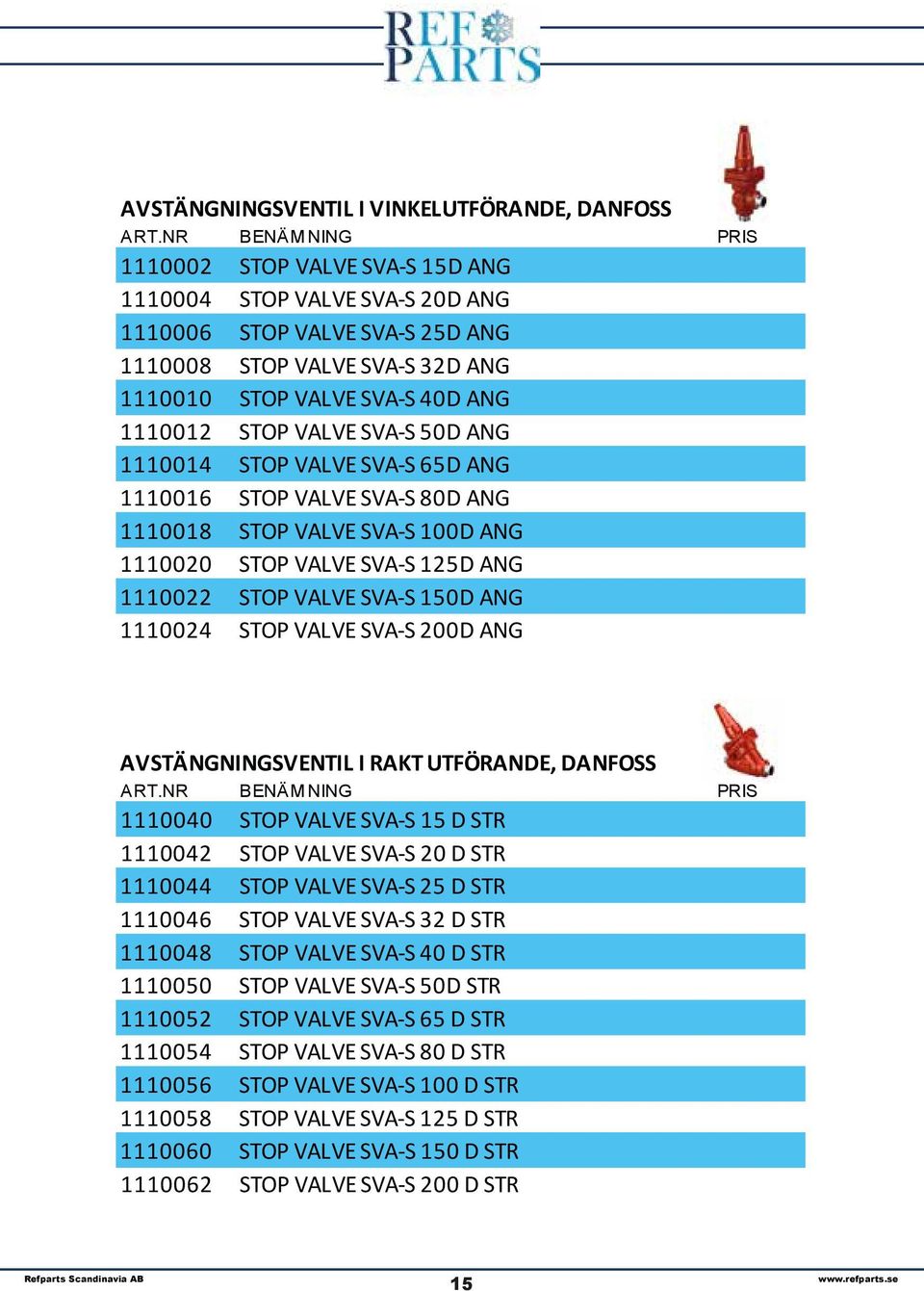 SVA-S 150D ANG 1110024 STOP VALVE SVA-S 200D ANG AVSTÄNGNINGSVENTIL I RAKT UTFÖRANDE, DANFOSS 1110040 STOP VALVE SVA-S 15 D STR 1110042 STOP VALVE SVA-S 20 D STR 1110044 STOP VALVE SVA-S 25 D STR
