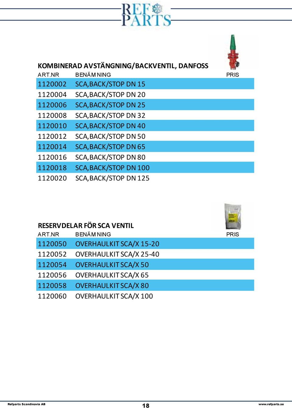 DN 80 1120018 SCA,BACK/STOP DN 100 1120020 SCA,BACK/STOP DN 125 RESERVDELAR FÖR SCA VENTIL 1120050 OVERHAULKIT SCA/X 15-20 1120052
