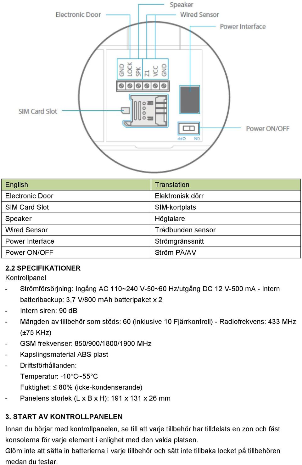 tillbehör som stöds: 60 (inklusive 10 Fjärrkontroll) - Radiofrekvens: 433 MHz (±75 KHz) - GSM frekvenser: 850/900/1800/1900 MHz - Kapslingsmaterial ABS plast - Driftsförhållanden: Temperatur: -10