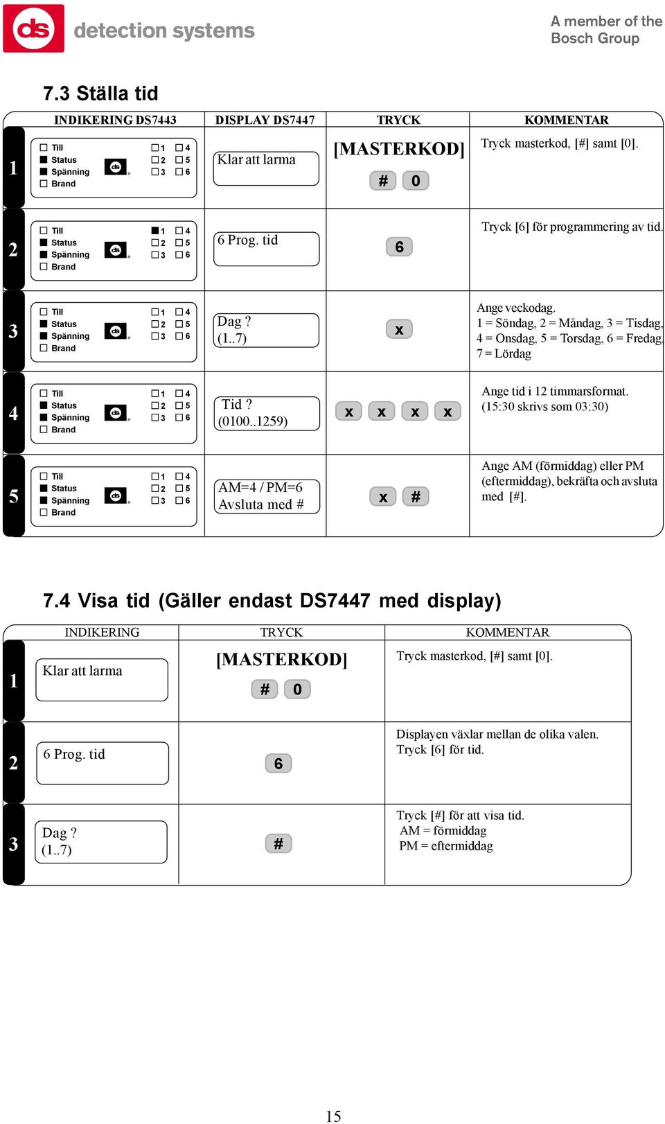 (:0 skrivs som 0:0) AM= / PM= Avsluta med Ange AM (förmiddag) eller PM (eftermiddag), bekräfta och avsluta med []. 7.