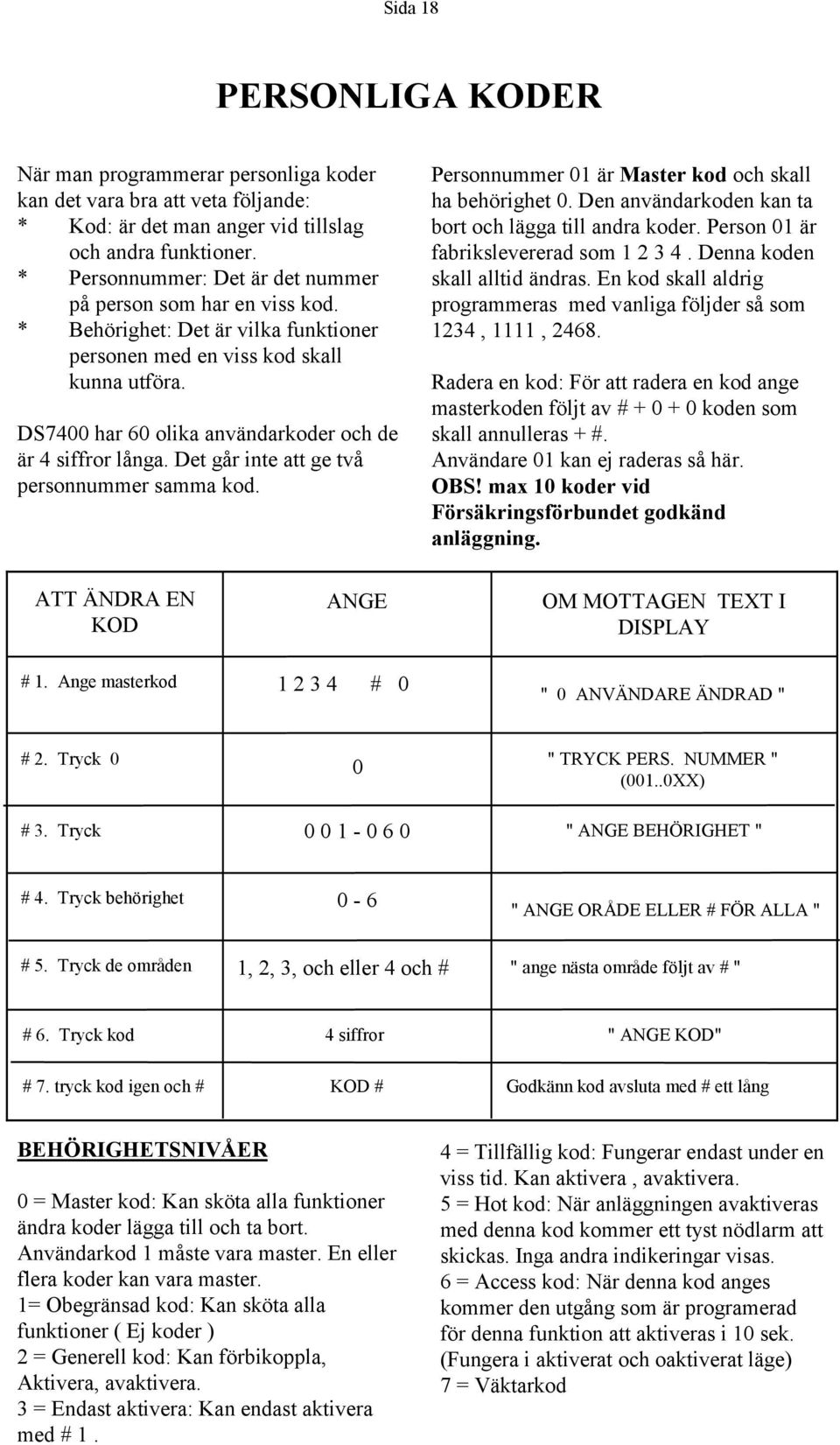 DS74 har 6 olika användarkoder och de är 4 siffror långa. Det går inte att ge två personnummer samma kod. Personnummer 1 är Master kod och skall ha behörighet.