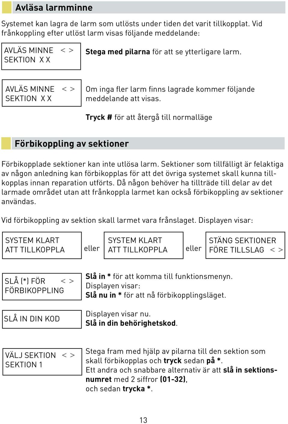 AVLÄS MINNE < > SEKTION X X Om inga fler larm finns lagrade kommer följande meddelande att visas.