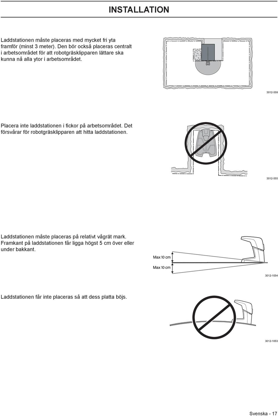 3012-559 Placera inte laddstationen i fickor på arbetsområdet. Det försvårar för robotgräsklipparen att hitta laddstationen.
