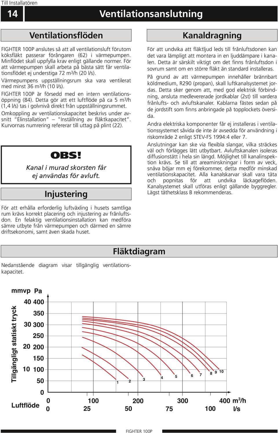 Värmepumpens uppställningsrum ska vara ventilerat med minst 36 m 3 /h (10 l/s). är försedd med en intern ventilationsöppning (84).