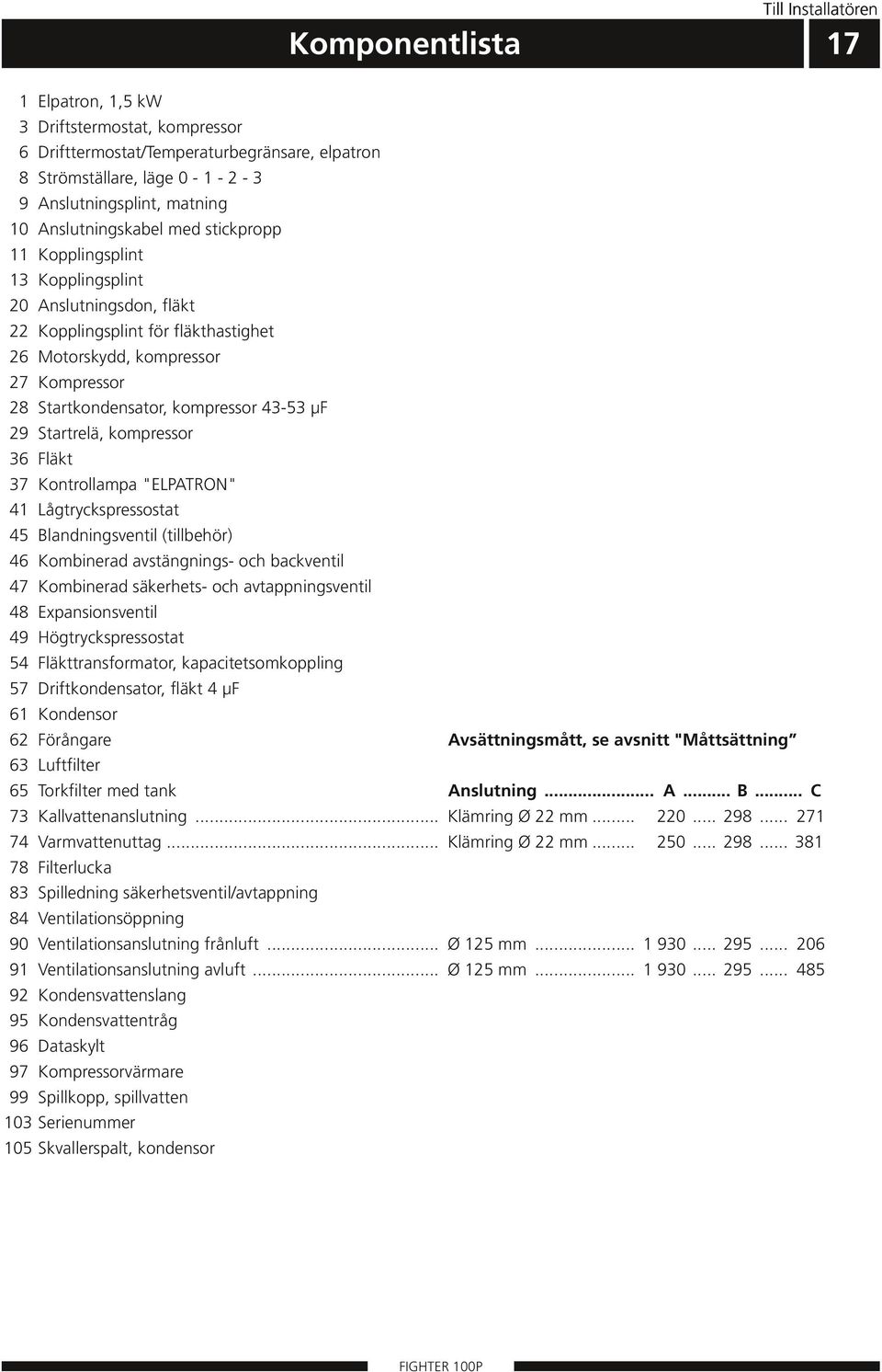 28 Startkondensator, kompressor 43-53 µf 29 Startrelä, kompressor 36 Fläkt 37 Kontrollampa "ELPATRON" 41 Lågtryckspressostat 45 Blandningsventil (tillbehör) 46 Kombinerad avstängnings- och backventil