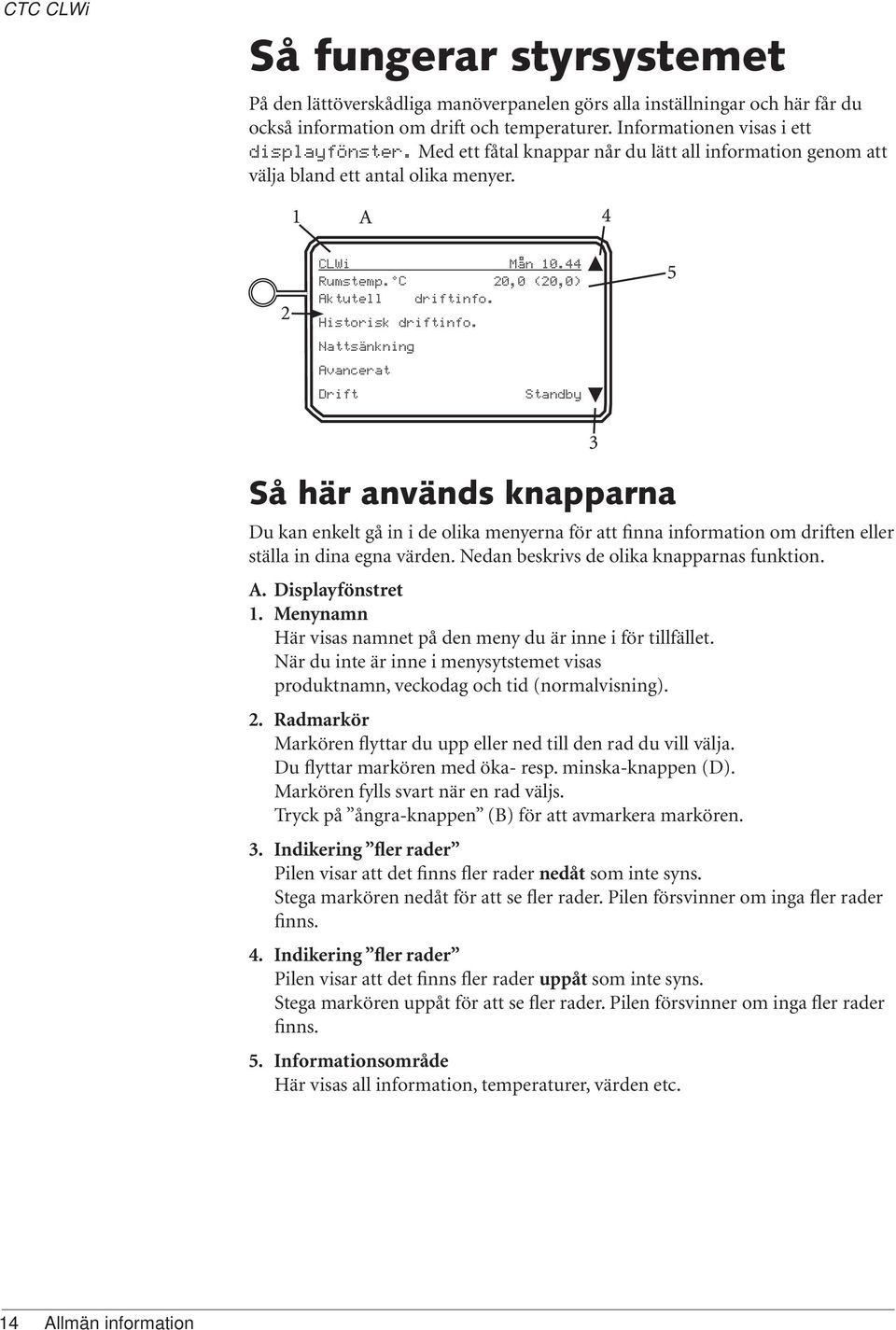 Nattsänkning Avancerat Drift Standby Så här används knapparna Du kan enkelt gå in i de olika menyerna för att finna information om driften eller ställa in dina egna värden.