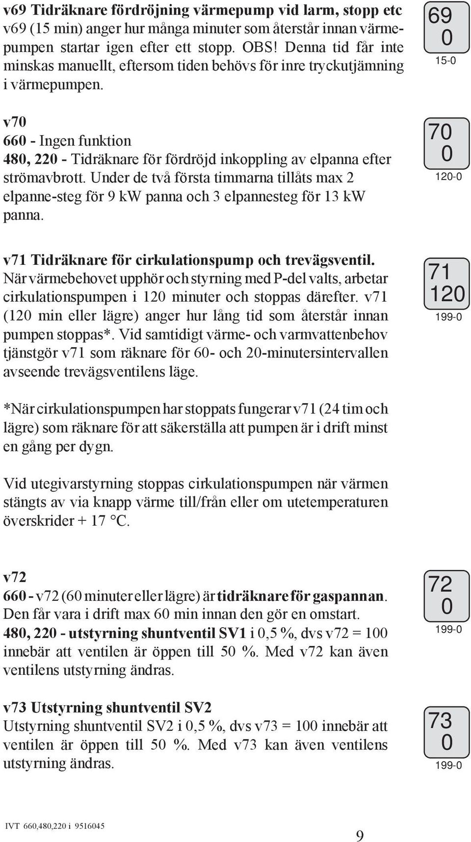 Under de två första timmarna tillåts max 2 elpanne-steg för 9 kw panna och 3 elpannesteg för 13 kw panna. 69 15-7 12- v71 Tidräknare för cirkulationspump och trevägsventil.