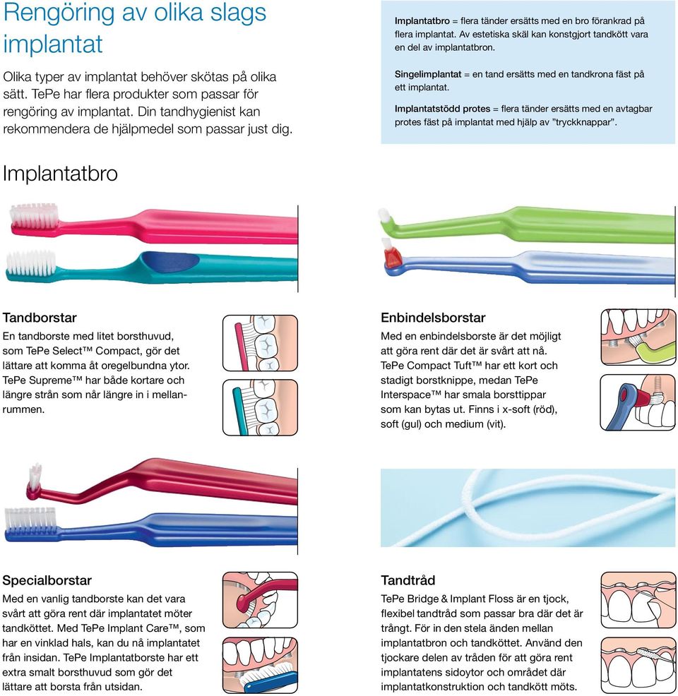 Av estetiska skäl kan konstgjort tandkött vara en del av implantatbron. Singelimplantat = en tand ersätts med en tandkrona fäst på ett implantat.