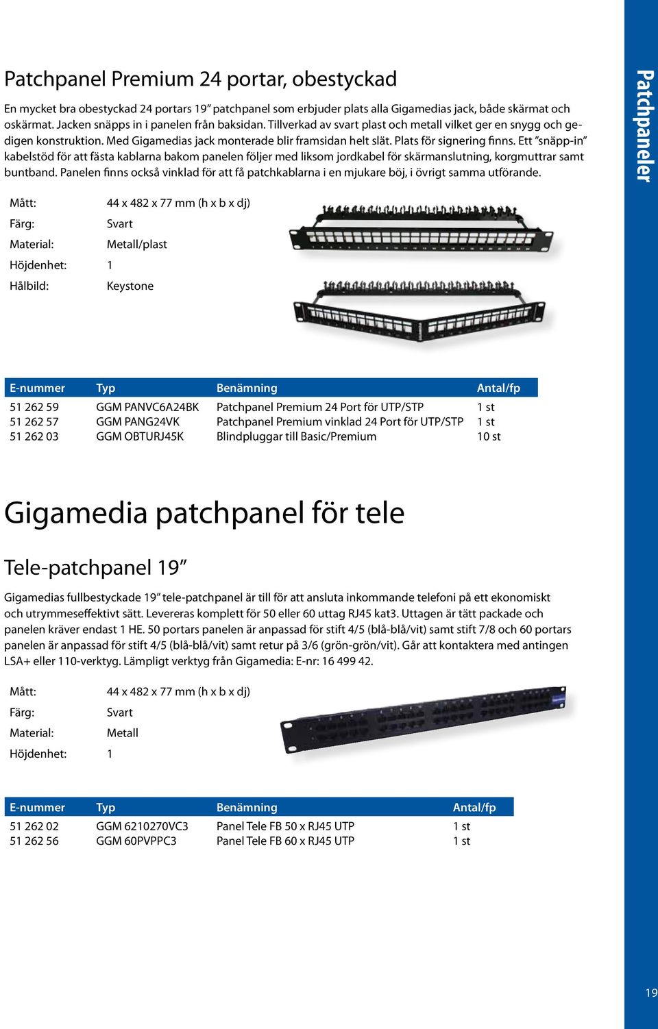 Ett snäpp-in kabelstöd för att fästa kablarna bakom panelen följer med liksom jordkabel för skärmanslutning, korgmuttrar samt buntband.