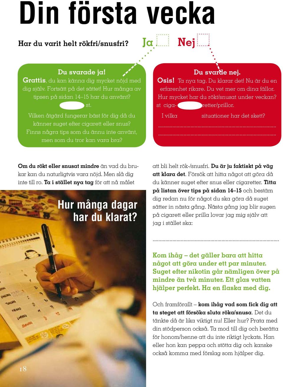 Du klarar det! Nu är du en erfarenhet rikare. Du vet mer om dina fällor. Hur mycket har du rökt/snusat under veckan? st ciga- retter/prillor. I vilka situationer har det skett?