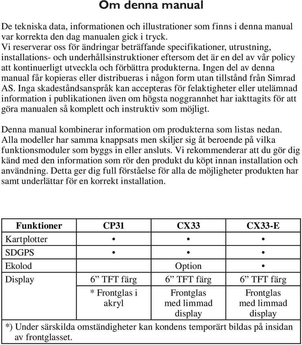produkterna. Ingen del av denna manual får kopieras eller distribueras i någon form utan tillstånd från Simrad AS.