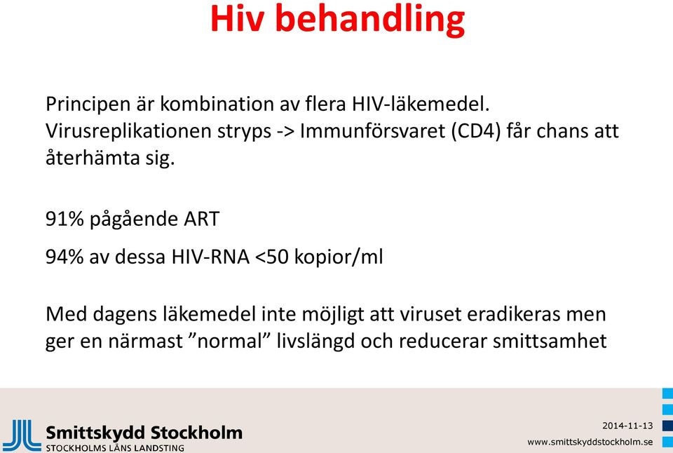 91% pågående ART 94% av dessa HIV-RNA <50 kopior/ml Med dagens läkemedel inte