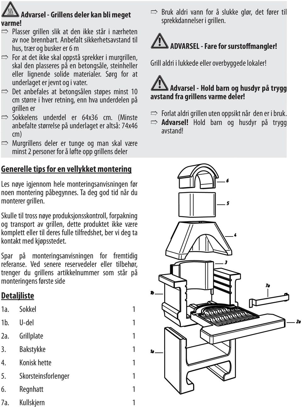 Sørg for at underlaget er jevnt og i vater. Det anbefales at betongsålen støpes minst 10 cm større i hver retning, enn hva underdelen på grillen er Sokkelens underdel er 64x36 cm.