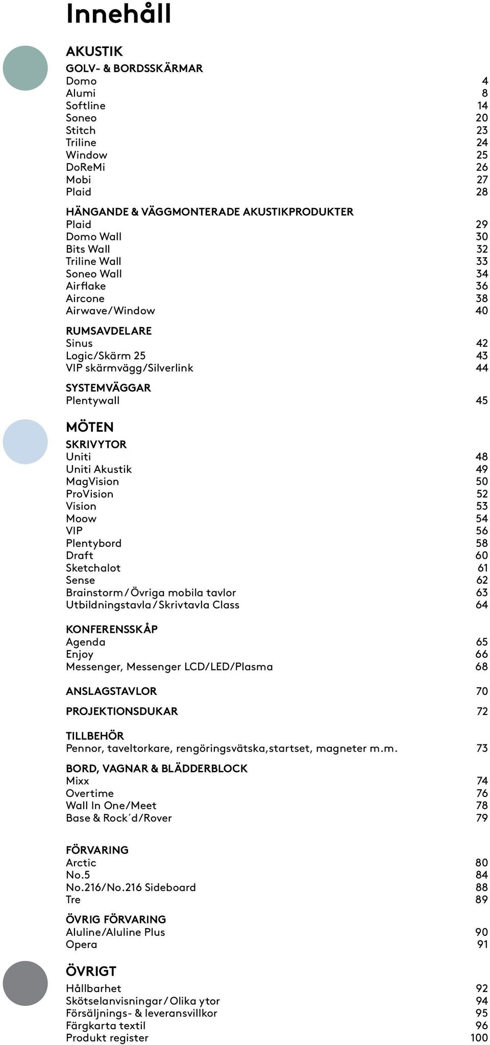 Uniti 48 Uniti Akustik 49 MagVision 50 ProVision 52 Vision 53 Moow 54 VIP 56 Plentybord 58 Draft 60 Sketchalot 61 Sense 62 Brainstorm / Övriga mobila tavlor 63 Utbildningstavla / Skrivtavla Class 64