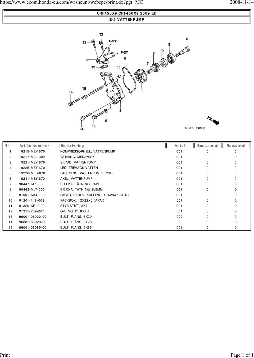 VATTEN 001 0 0 5 19226-MEB-670 PACKNING, VATTENPUMPSKYDD 001 0 0 6 19241-MEY-670 AXEL, VATTENPUMP 001 0 0 7 90447-KE1-000 BRICKA, TÄTNING, 7MM 001 0 0 8 90463-ML7-000 BRICKA, TÄTNING, 6.