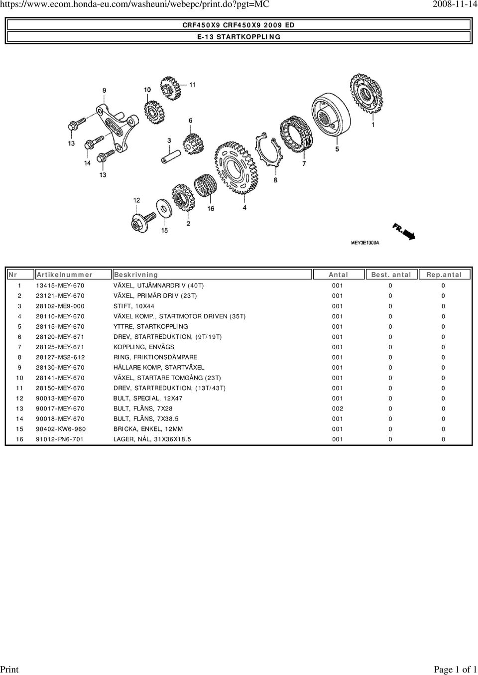 , STARTMOTOR DRIVEN (35T) 001 0 0 5 28115-MEY-670 YTTRE, STARTKOPPLING 001 0 0 6 28120-MEY-671 DREV, STARTREDUKTION, (9T/19T) 001 0 0 7 28125-MEY-671 KOPPLING, ENVÄGS 001 0 0 8 28127-MS2-612 RING,