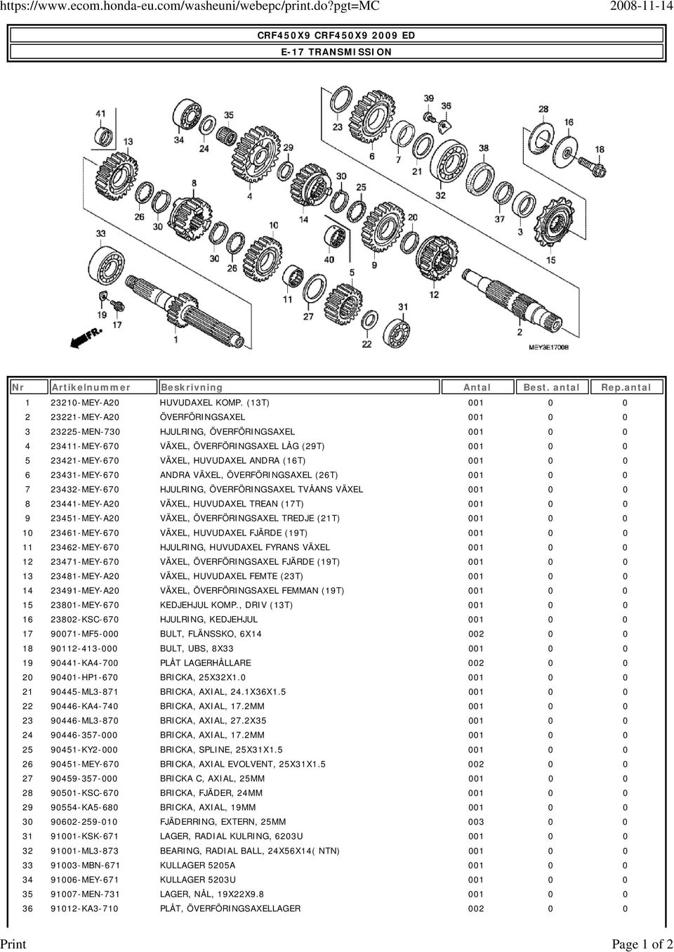 (16T) 001 0 0 6 23431-MEY-670 ANDRA VÄXEL, ÖVERFÖRINGSAXEL (26T) 001 0 0 7 23432-MEY-670 HJULRING, ÖVERFÖRINGSAXEL TVÅANS VÄXEL 001 0 0 8 23441-MEY-A20 VÄXEL, HUVUDAXEL TREAN (17T) 001 0 0 9