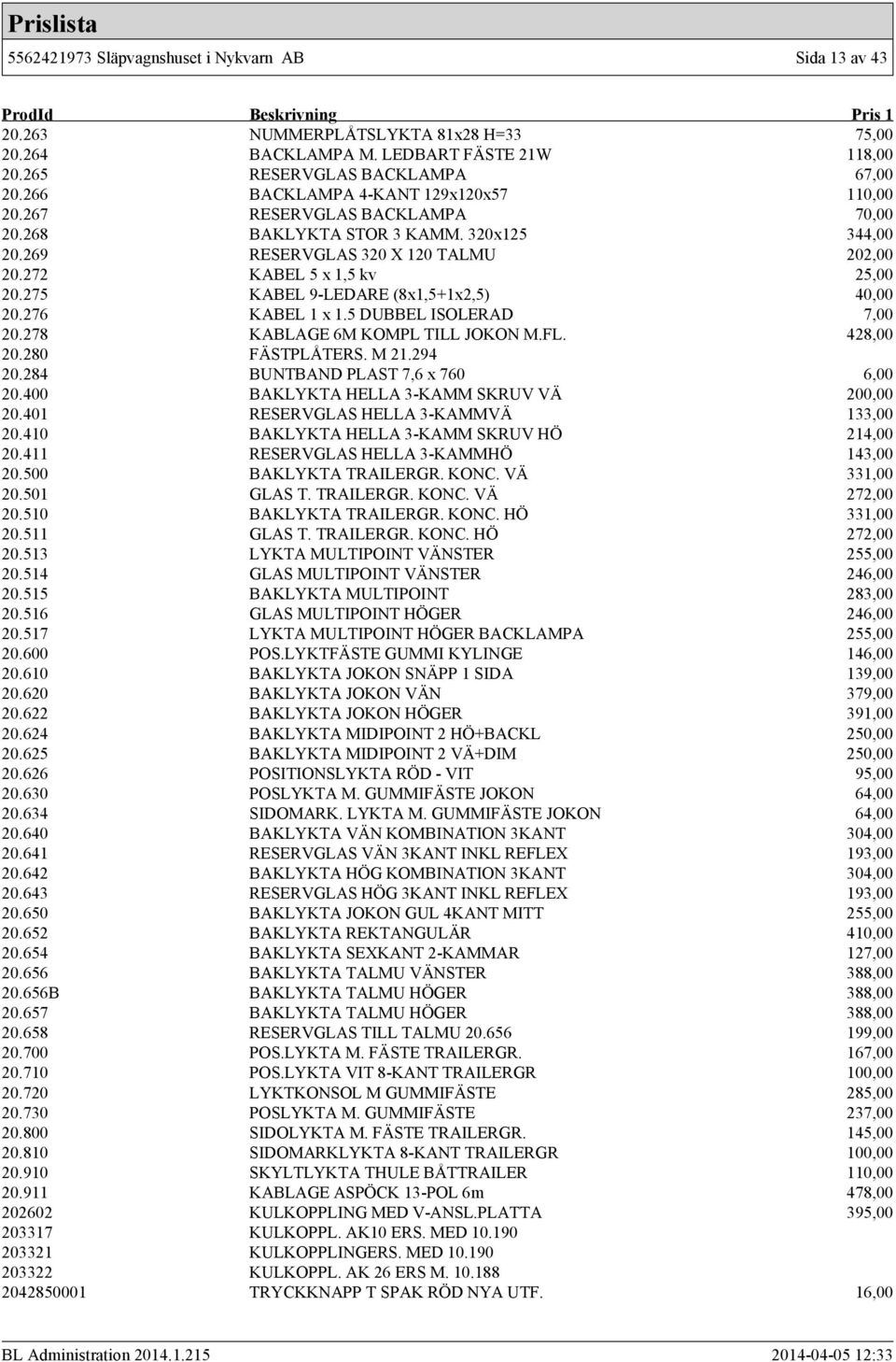 275 KABEL 9-LEDARE (8x1,5+1x2,5) 40,00 20.276 KABEL 1 x 1.5 DUBBEL ISOLERAD 7,00 20.278 KABLAGE 6M KOMPL TILL JOKON M.FL. 428,00 20.280 FÄSTPLÅTERS. M 21.294 20.284 BUNTBAND PLAST 7,6 x 760 6,00 20.