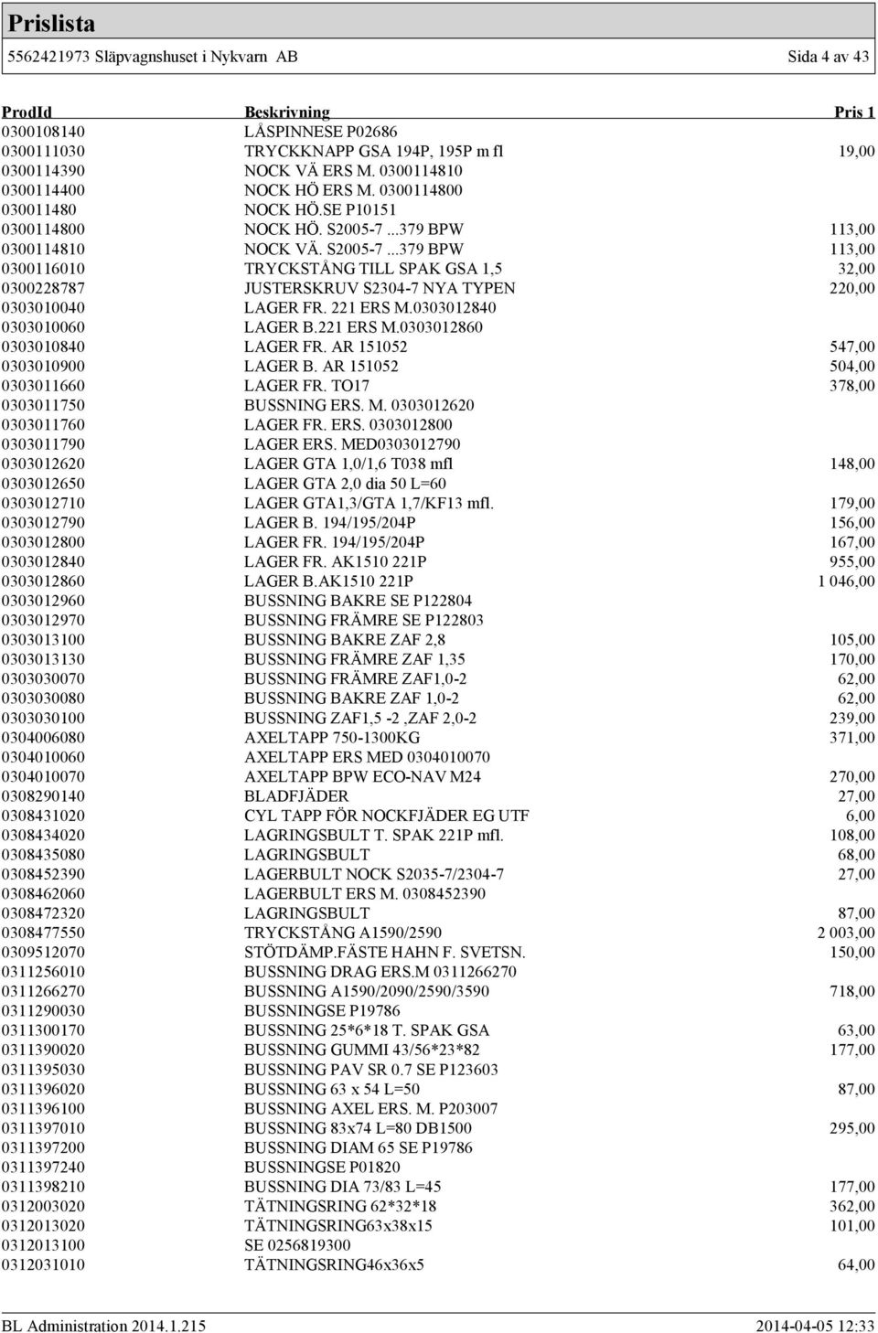 221 ERS M.0303012840 0303010060 LAGER B.221 ERS M.0303012860 0303010840 LAGER FR. AR 151052 547,00 0303010900 LAGER B. AR 151052 504,00 0303011660 LAGER FR. TO17 378,00 0303011750 BUSSNING ERS. M. 0303012620 0303011760 LAGER FR.