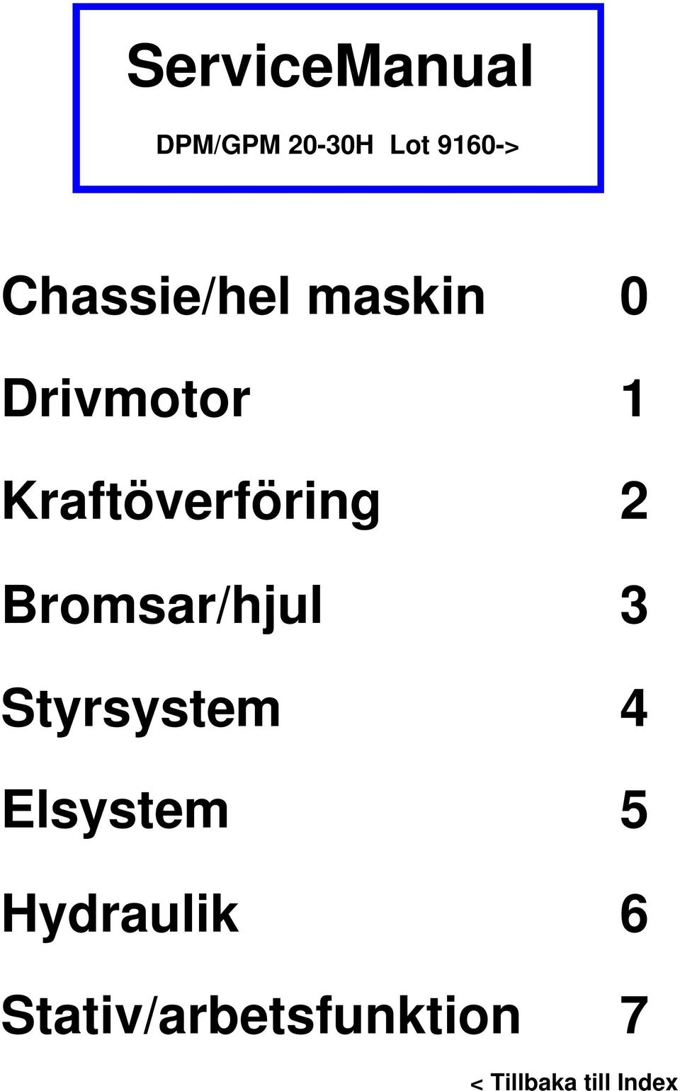 Bromsar/hjul 3 Styrsystem 4 Elsystem 5