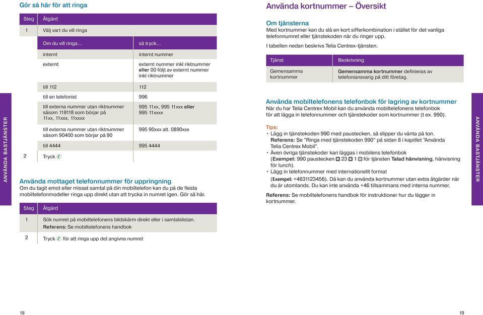 I tabellen nedan beskrivs Telia Centrex-tjänsten. Tjänst Gemensamma _ kortnummer Beskrivning Gemensamma kortnummer definieras av telefoniansvarig på ditt företag.